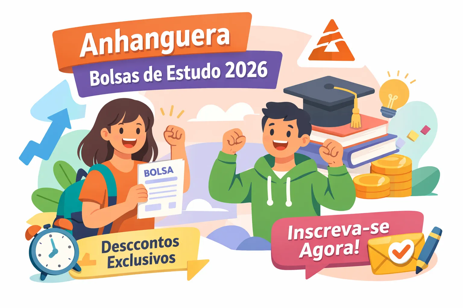 Estudantes sorrindo em ambiente universitário moderno, representando oportunidades de graduação, bolsas de estudo e ensino superior na Anhanguera.