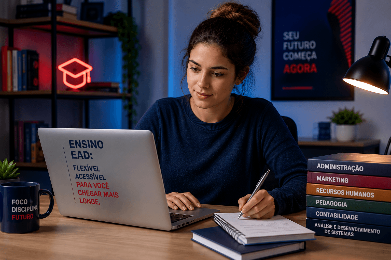 Jovem estudante utilizando notebook em casa estudando faculdade EAD, ambiente moderno e sofisticado, mesa clean, iluminação azul escura e vermelha seguindo identidade visual moderna, aparência profissional, estilo editorial realista, alta qualidade, proporção horizontal para banner de blog