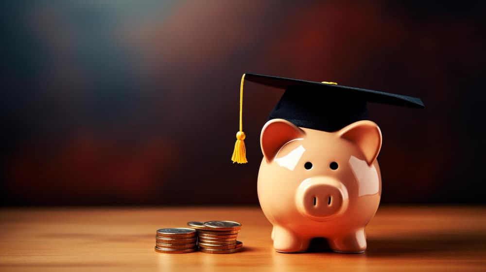 Porquinho de poupança com capelo de formatura e moedas, representando faculdade EAD barata com bolsa