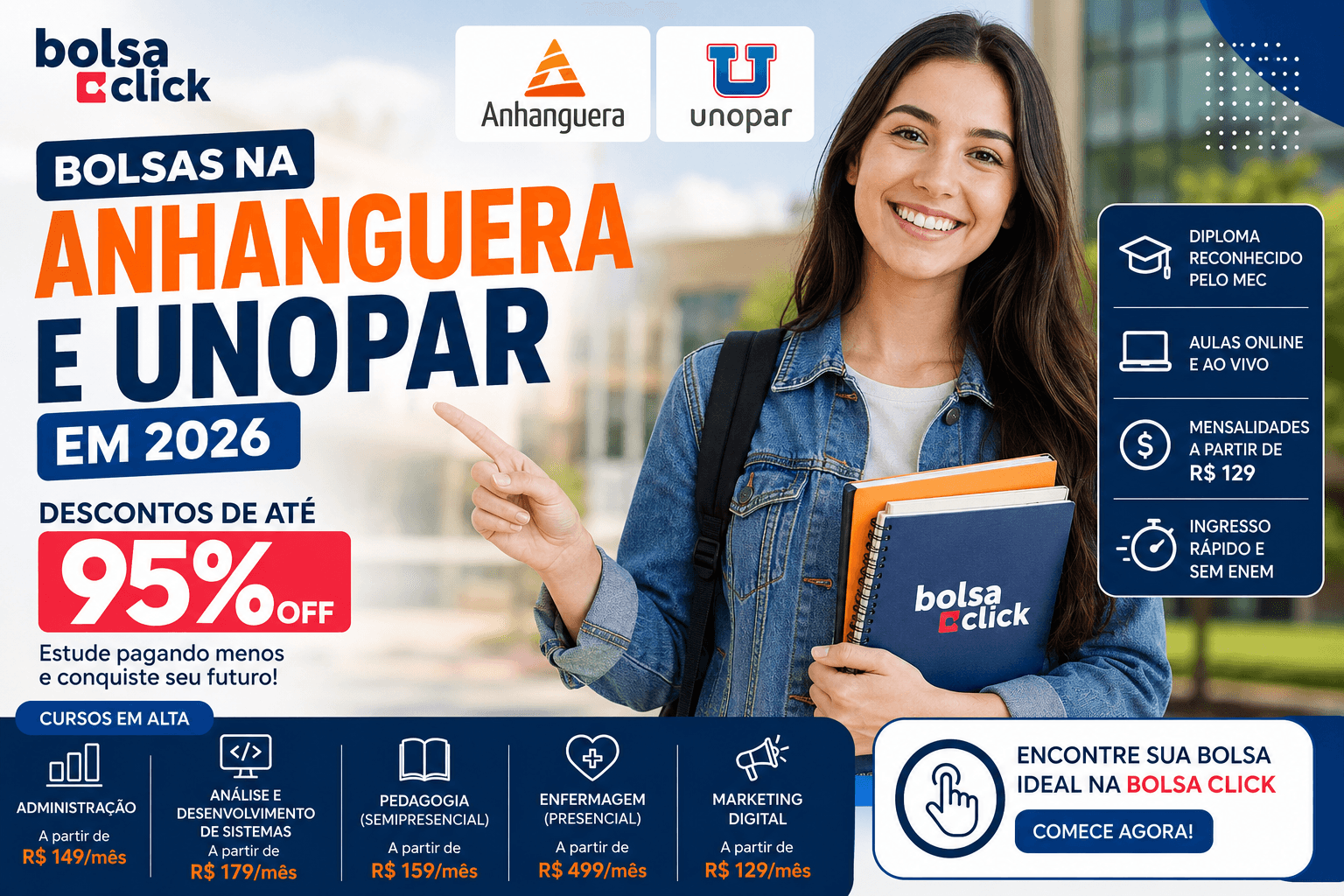Estudante acessando bolsas de estudo da Anhanguera e Unopar pela Bolsa Click em 2026